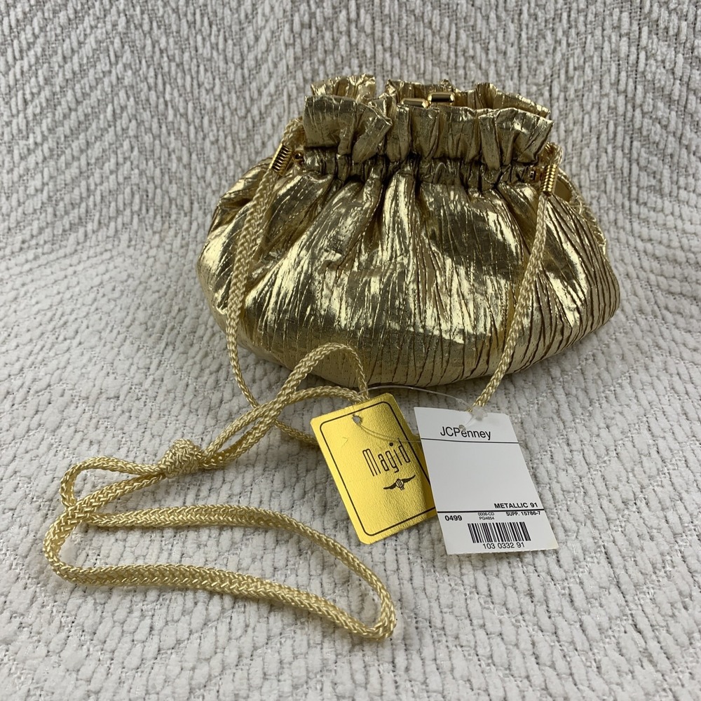 Vtg Gold Lame Purse Magid JCPenney Small Handbag Evening Party Pouch Kiss Lock